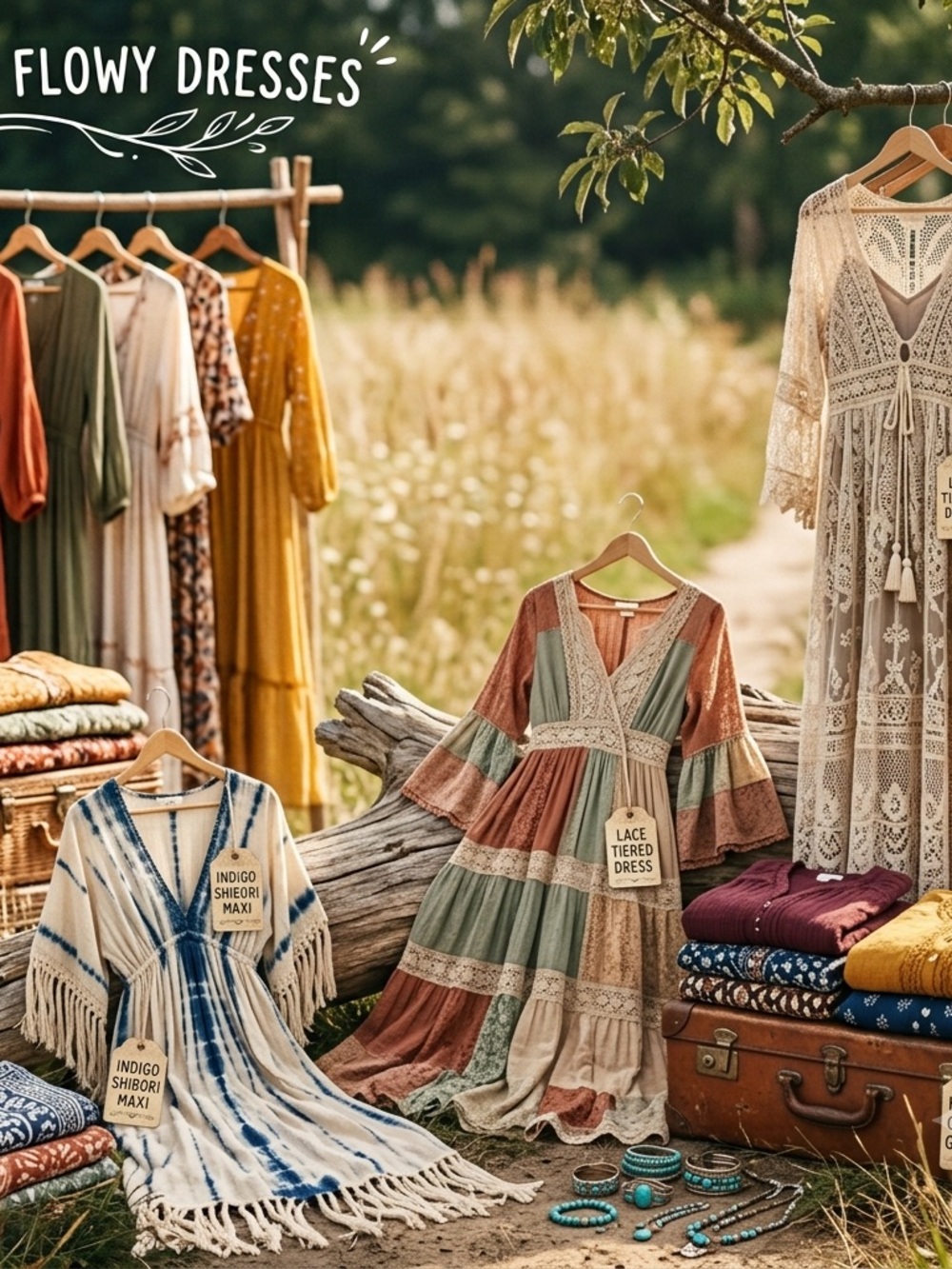 Boho Lace Tiered Maxi Dress in Rust & Sage